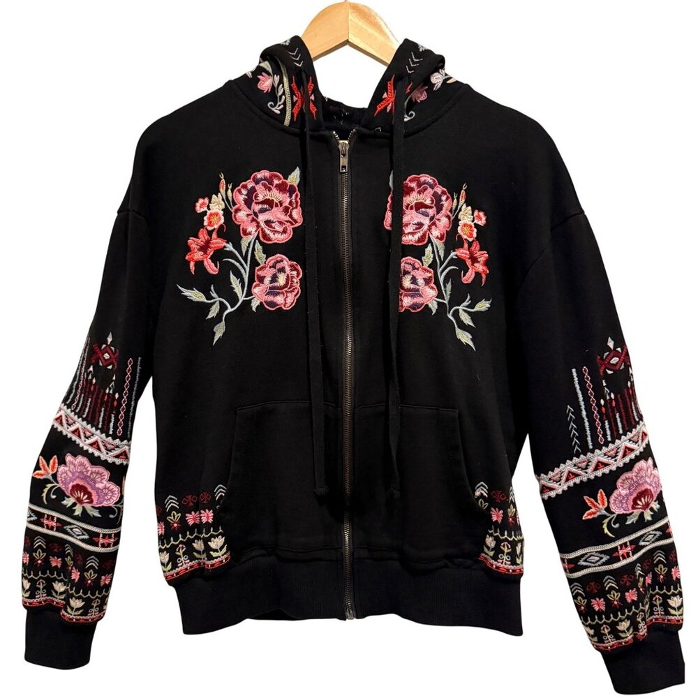 Boho Embroidered Zip Hoodie Jacket Lace Lined Hood Floral Folk Cropped L